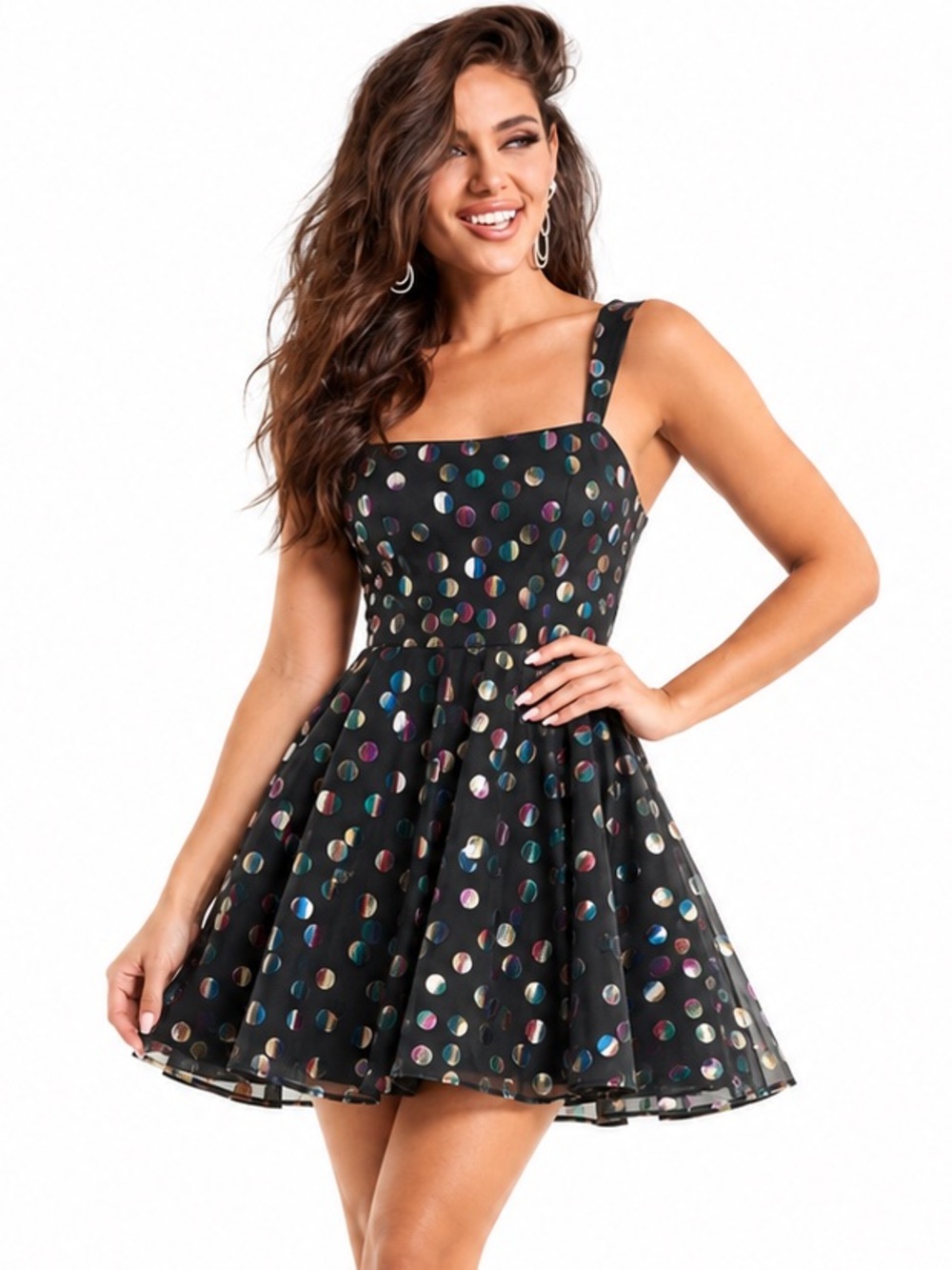 City Studio Black Metallic Polka Dot Bow Back Fit & Flare Mini Dress NWT